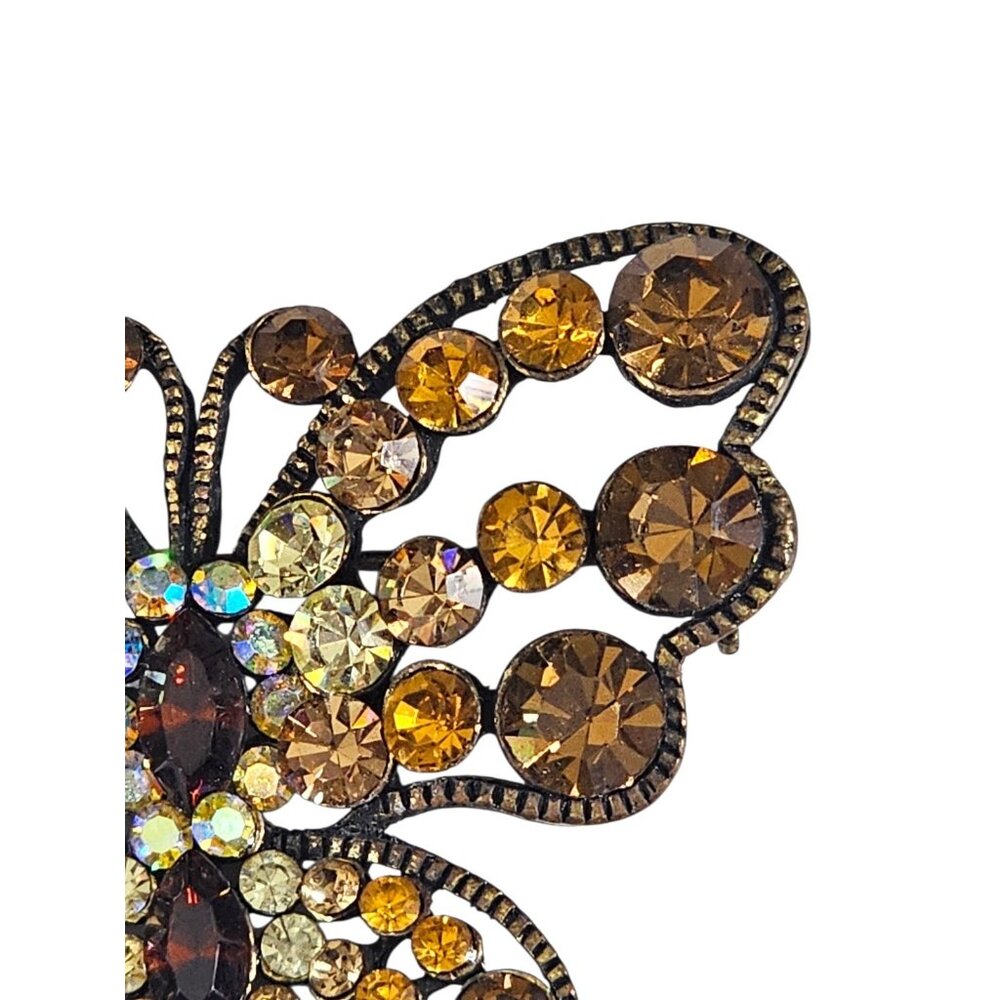 Vintage Butterfly Brooch Amber Yellow Rhinestone Gold Tone Statement Pin - Picture 5 of 6